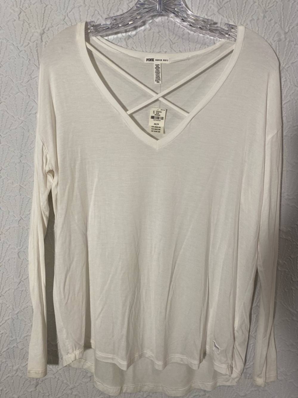 PINK Victoria's Secret Cream Long-Sleeve V-Neck Top with Crisscross Soft fabric